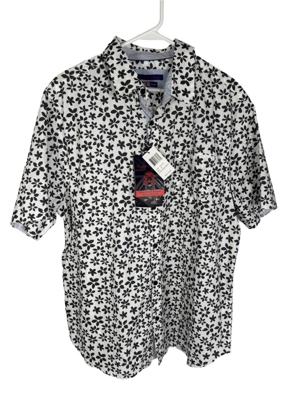 English Laundry Black and White Floral Short-Sleeve Button-Up Shirt Men’s XL NWT